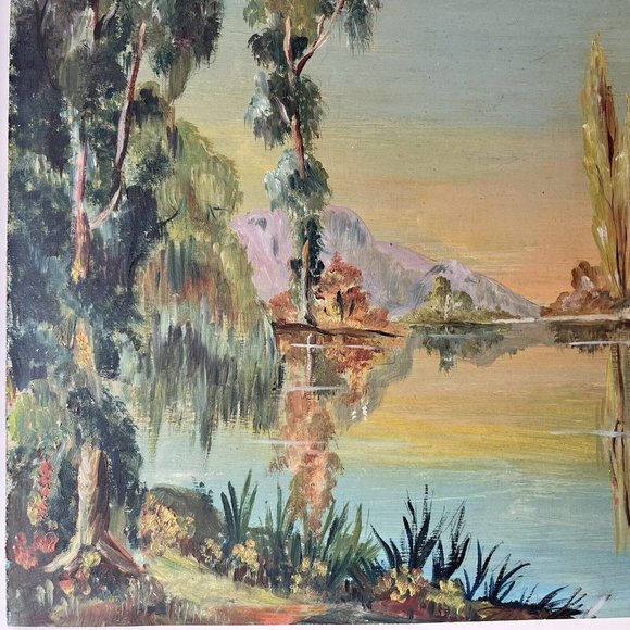 Vintage Original Oil painting Landscape Mountain Lake Trees Aqua Teal Blue Green - Picture 3 of 6